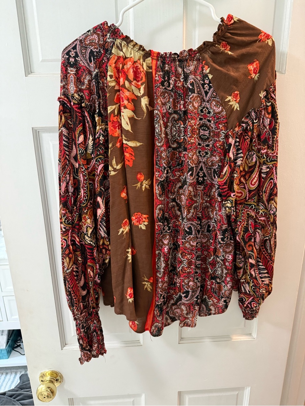 Free People Size Medium Floral Brown Orange Cream Smocked Top - Picture 4 of 4